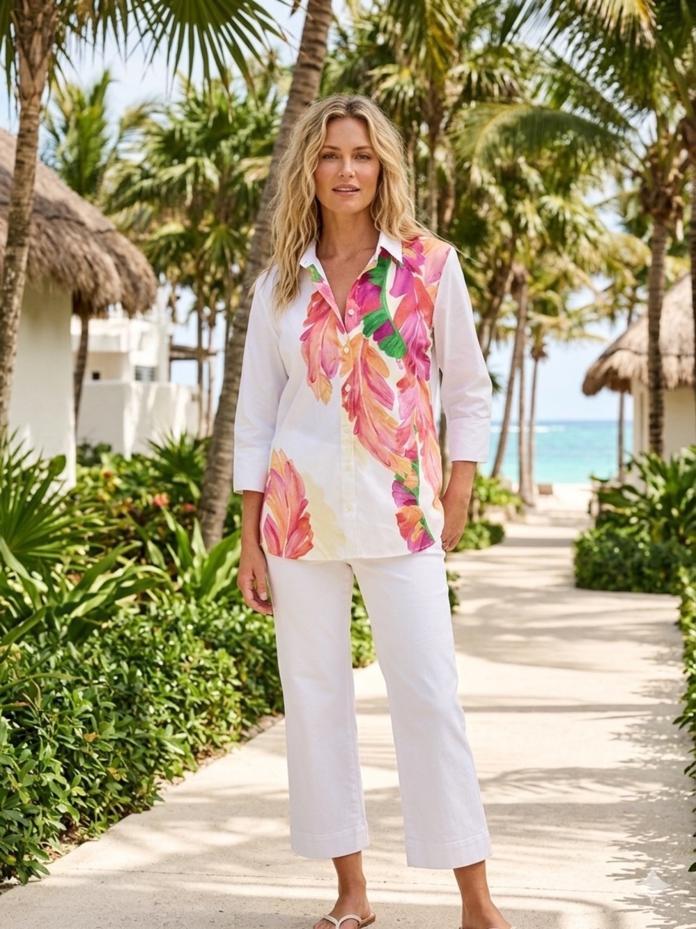 Chicos size 12 White Button-Up Shirt with Pink & Green Tropical Print